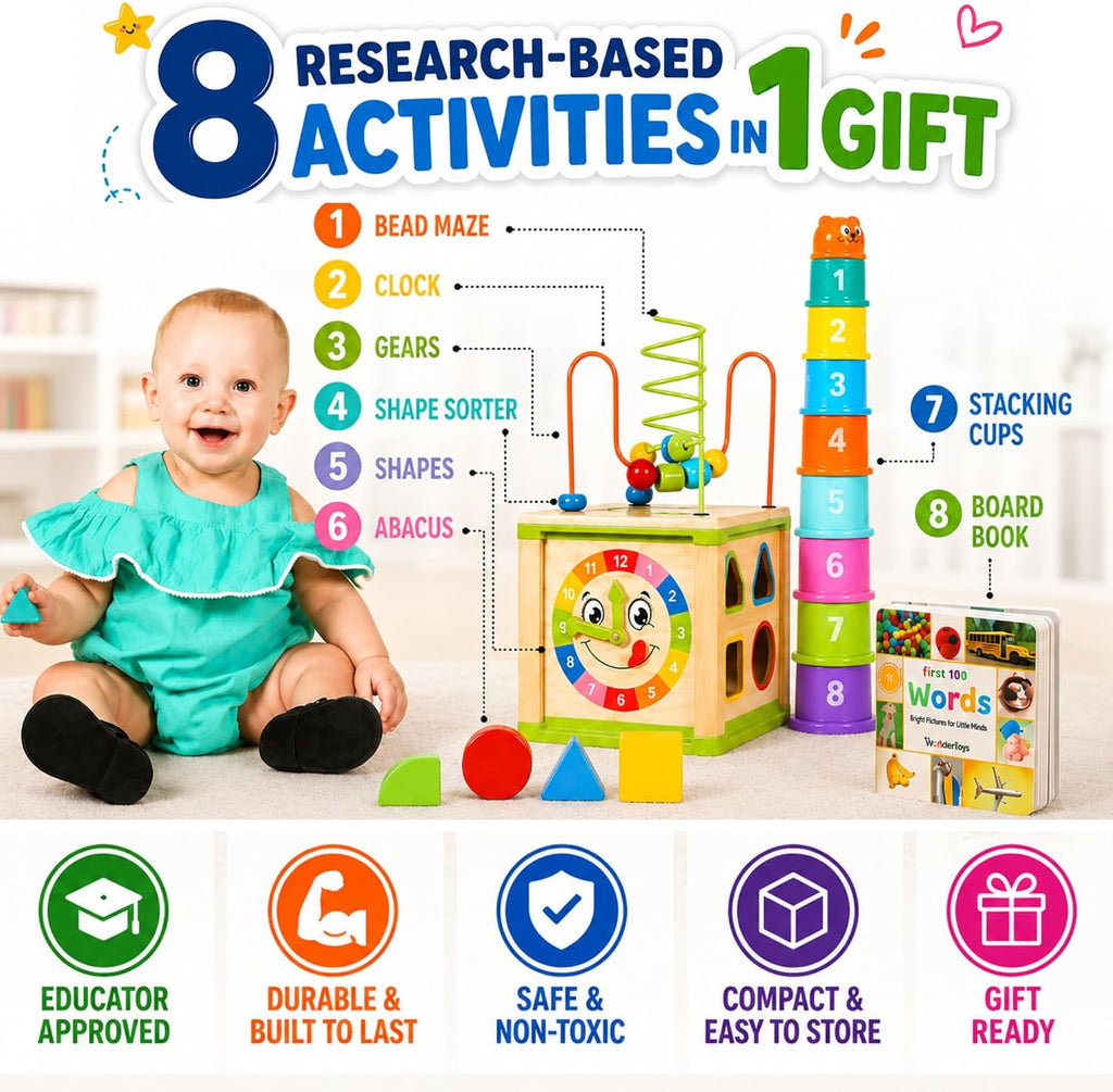Wooden Activity Cube for Baby, Montessori Toys for 1 Year Old, Baby Toys 1 Year Old, Toys for 1+ Year Old Girl - Wooden Activity Center with Bead Maze Toy, Baby Stacking Cups, Book, in Pink Gift Box