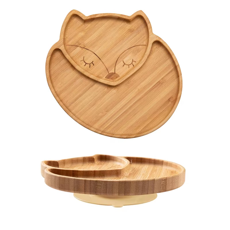 1PC Bamboo Wooden Dinnerware Baby Feeding Accessories Cartoon Animals Elephant Dinner Plate with Sucker Baby Products Gifts