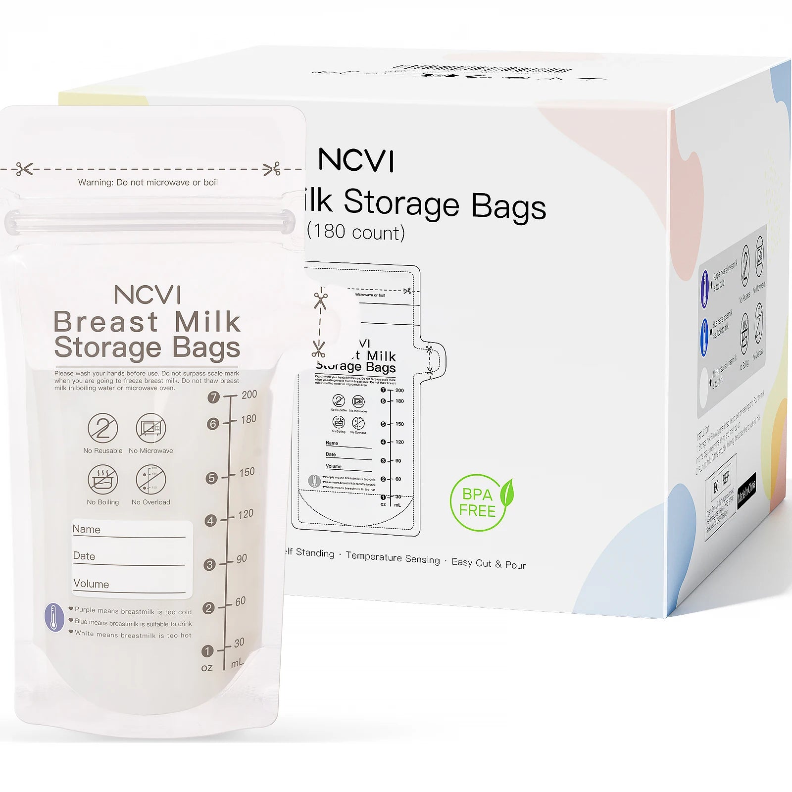 Breastmilk Storage Bags, 200Ml Milk Freezer Bags for Breastfeeding,Preservation Bag, Temp-Sensing,Doubled-Sealed,Bpa Free