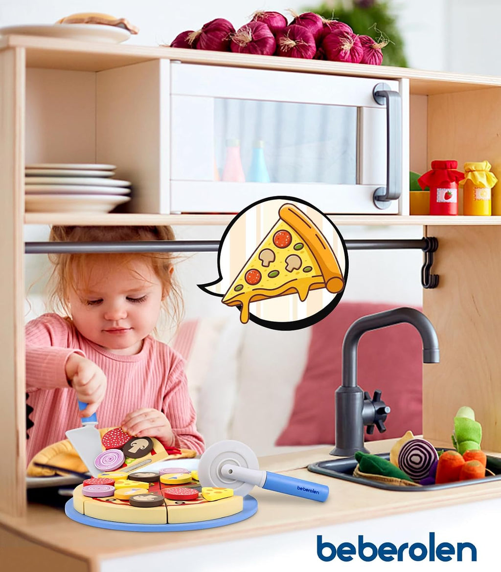 Wooden Pizza Toy Cutting Play Food Set Pretend Play | Kitchen Accessories Wood Cooking Toys for 3 4 5 Year Old Boys Girls