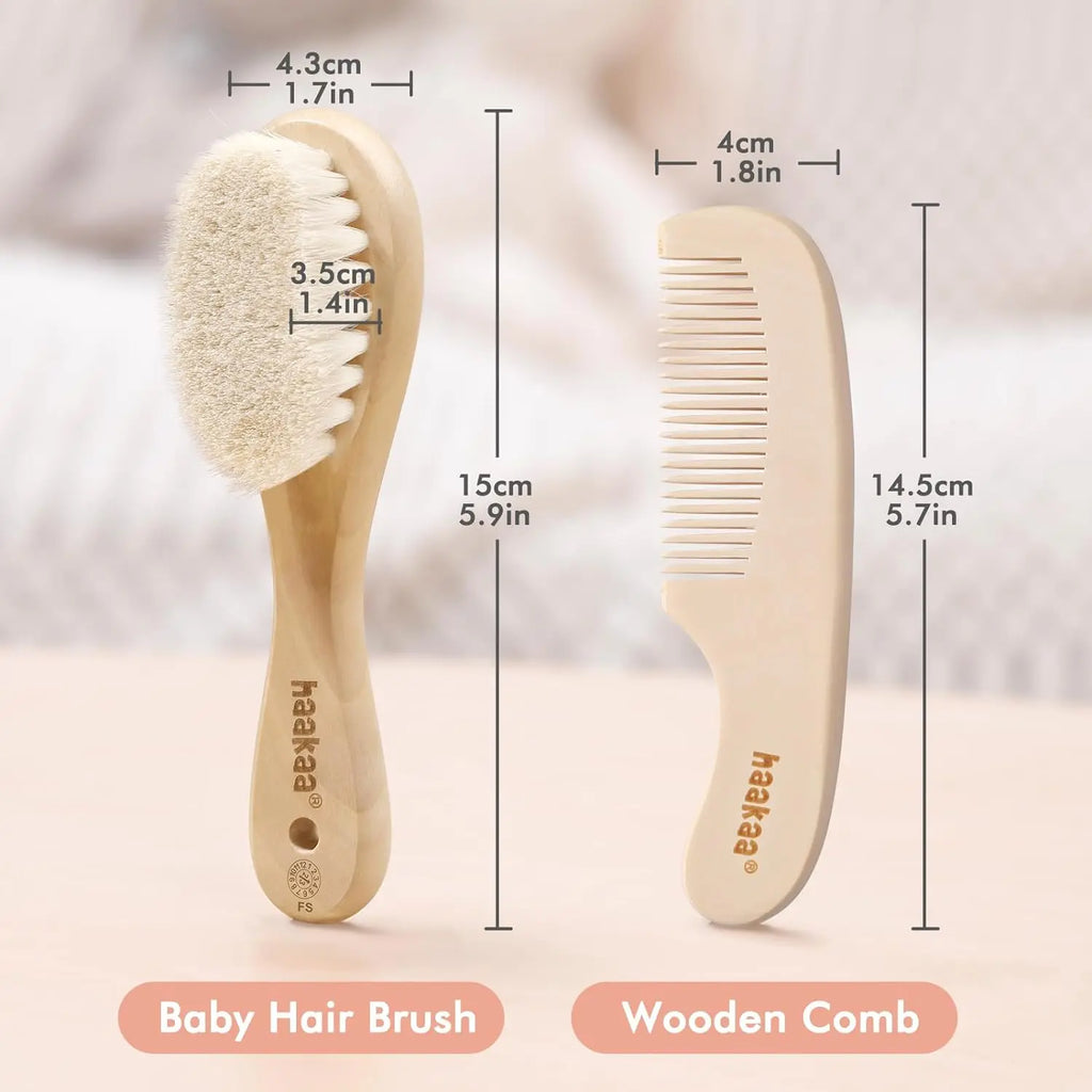 Haakaa Baby Hair Brush and Comb Set for Newborns and Toddlers - 2-Pack with Natural Soft Goat Bristles and Wooden Handle, Gentle Grooming for Cradle Cap, Ideal Gift for Babies