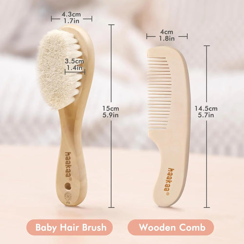 Haakaa Baby Hair Brush and Comb Set for Newborns and Toddlers - 2-Pack with Natural Soft Goat Bristles and Wooden Handle, Gentle Grooming for Cradle Cap, Ideal Gift for Babies
