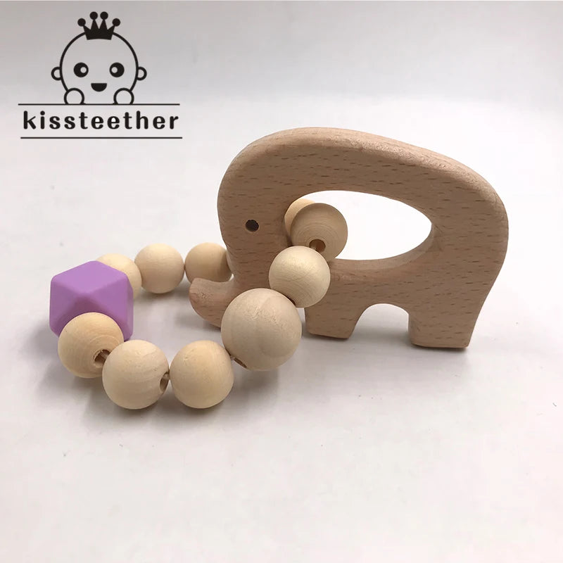 Kissteethe Wooden Baby Bracelet Animal Shaped Jewelry Teething for Organic Wood Silicone Beads Rattle Stroller Accessories Toys