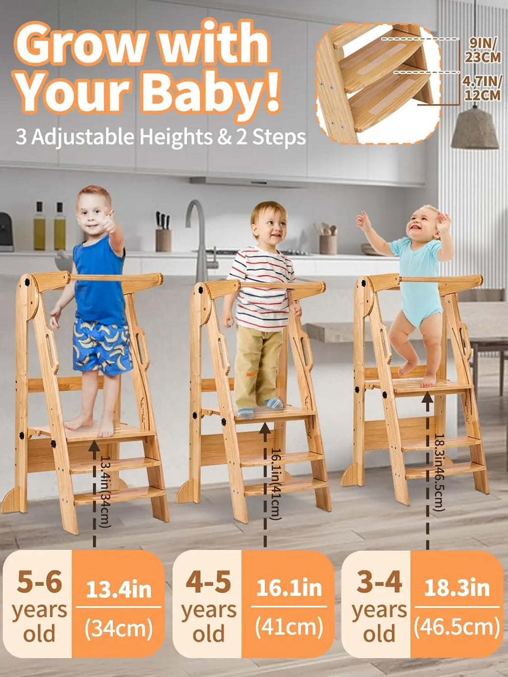 Adjustable Montessori Toddler Tower with Chalkboard - Foldable Step Stool for Ages 3-6