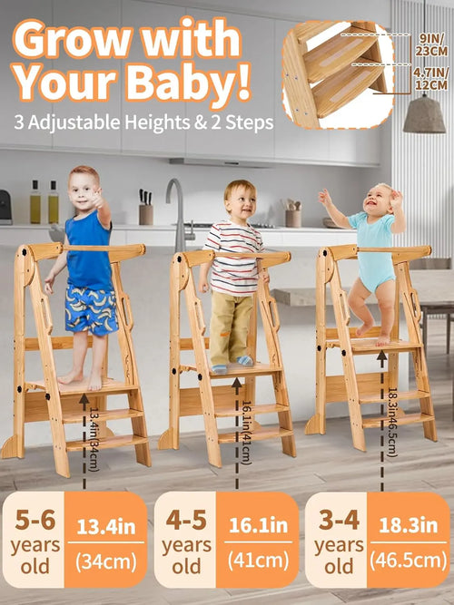 Adjustable Montessori Toddler Tower with Chalkboard - Foldable Step Stool for Ages 3-6