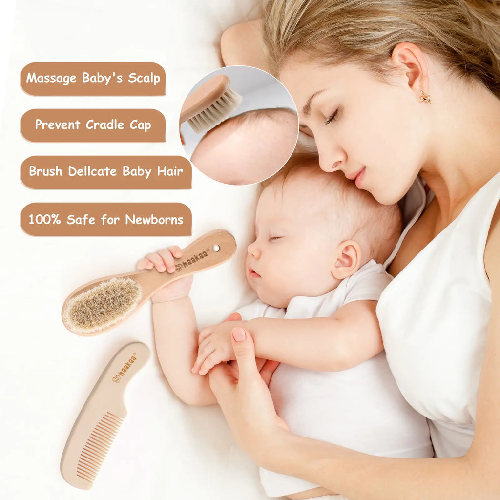 Haakaa Baby Hair Brush and Comb Set for Newborns and Toddlers - 2-Pack with Natural Soft Goat Bristles and Wooden Handle, Gentle Grooming for Cradle Cap, Ideal Gift for Babies