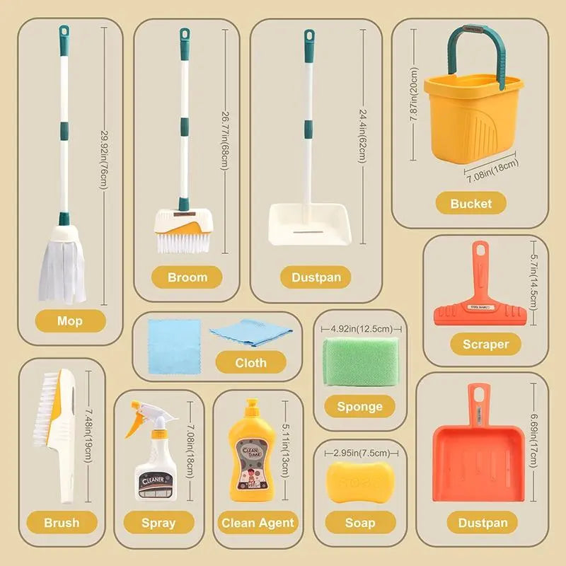 Children's Pretend Play Cleaning Tool Set - 12-Piece Simulation Cleaning Kit for Montessori Learning and Birthday Gifts