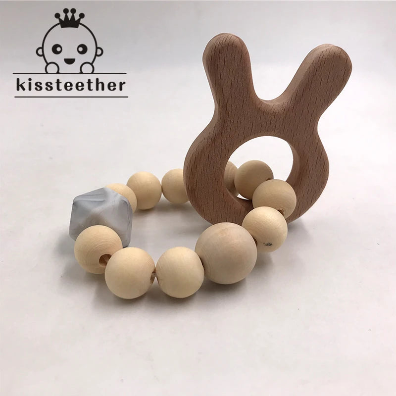Kissteethe Wooden Baby Bracelet Animal Shaped Jewelry Teething for Organic Wood Silicone Beads Rattle Stroller Accessories Toys