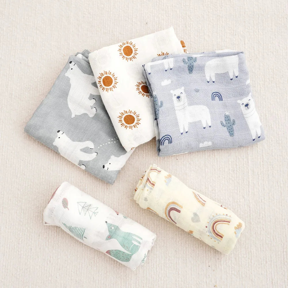 #My Soft Life# 5Pieces Set Bamboo Cotton Swaddle Blanket Baby Bandana Bib Set
