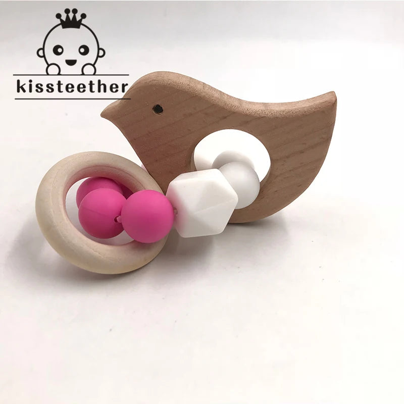 Kissteethe Wooden Baby Bracelet Animal Shaped Jewelry Teething for Organic Wood Silicone Beads Rattle Stroller Accessories Toys