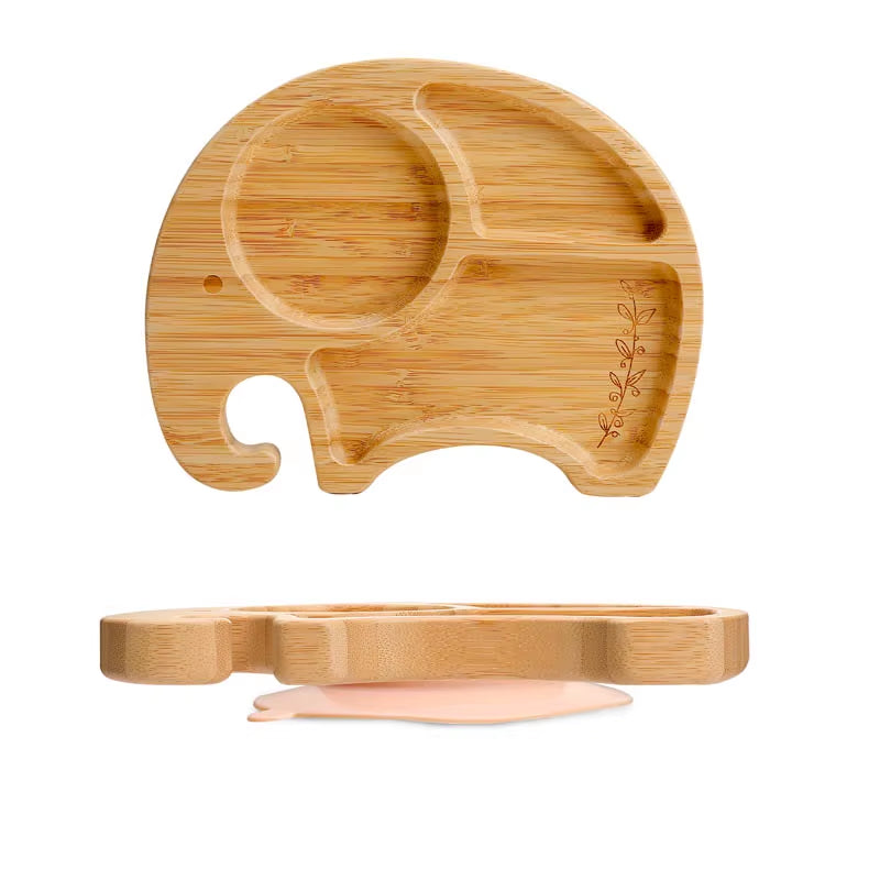 1PC Bamboo Wooden Dinnerware Baby Feeding Accessories Cartoon Animals Elephant Dinner Plate with Sucker Baby Products Gifts