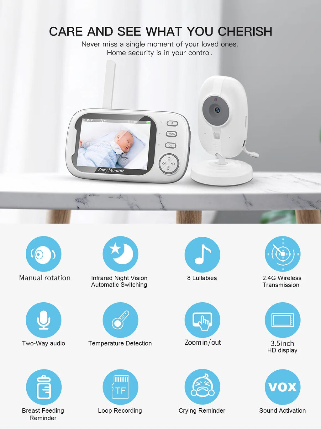 HTMCK 3.5 Inch Baby Monitor with Camera LCD Screen Wireless Electronic Babysitter 2-Way Audio Video Nanny Radio for Child Safety
