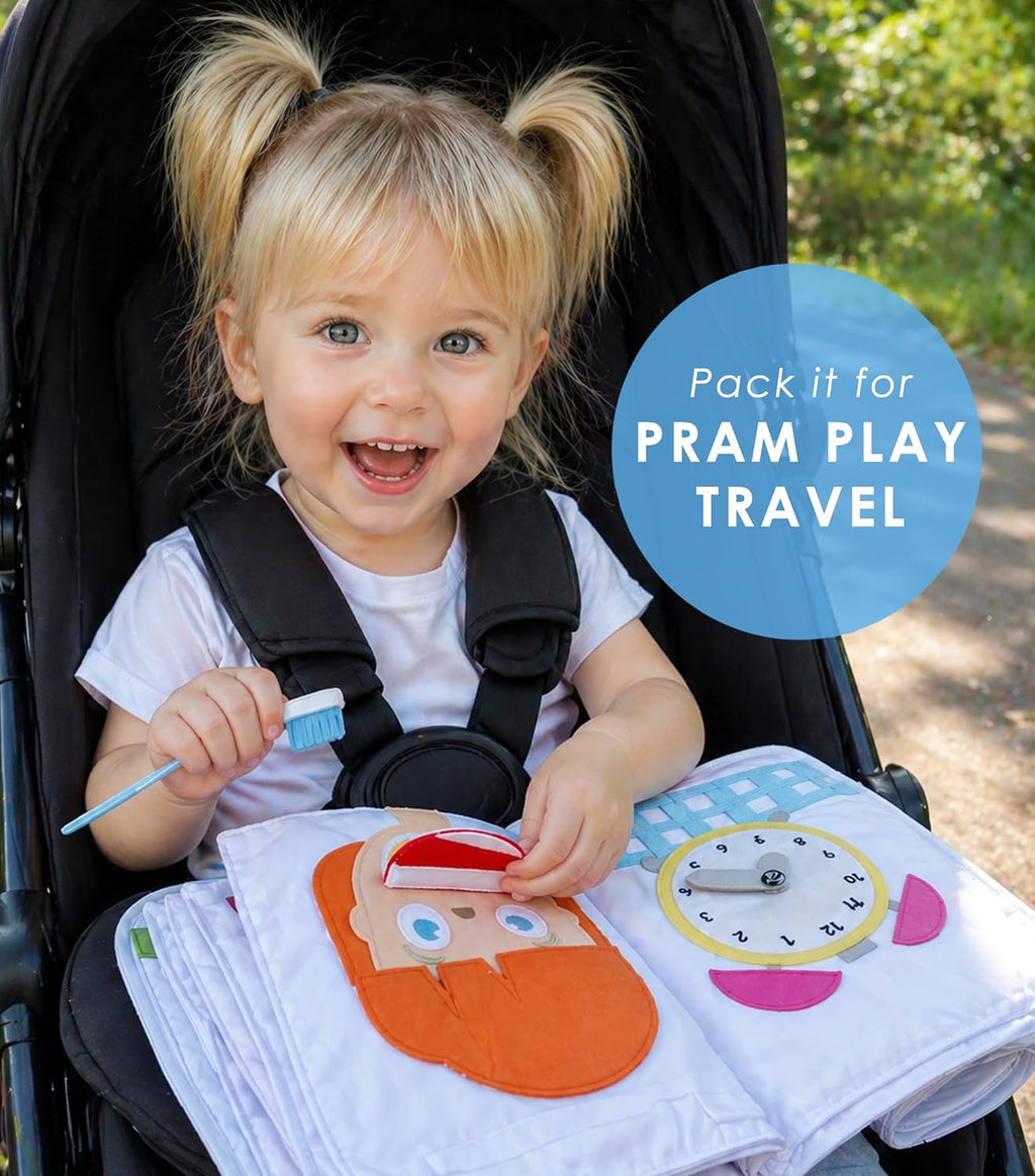 My Big Day Quiet Book, Fabric Busy Book for Travel (Blue) | 10 Interactive Pages, Color Matching, Counting, Buttons, Zippers, Buckles and Lacing, Book Zips Closed with Carry Handles
