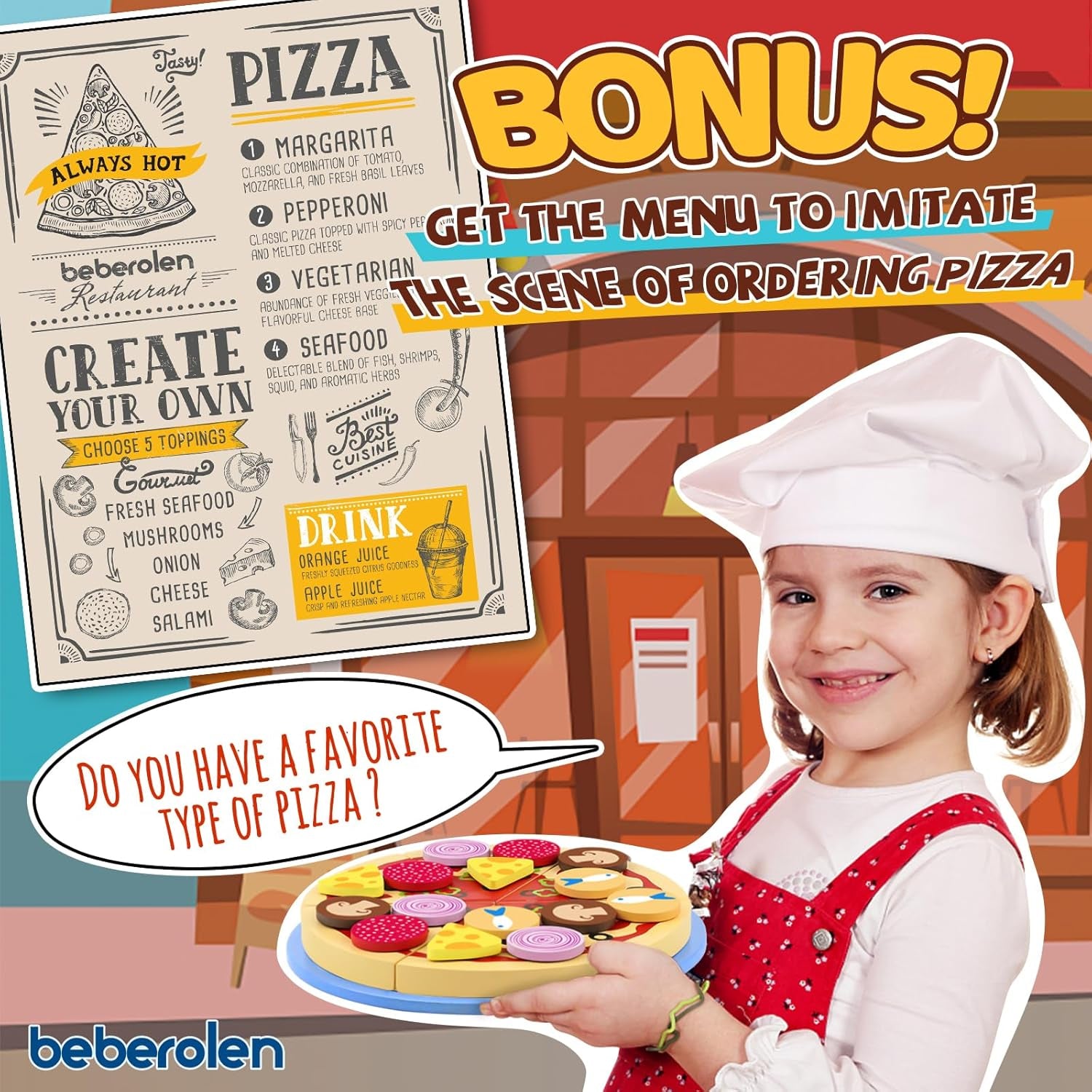 Wooden Pizza Toy Cutting Play Food Set Pretend Play | Kitchen Accessories Wood Cooking Toys for 3 4 5 Year Old Boys Girls