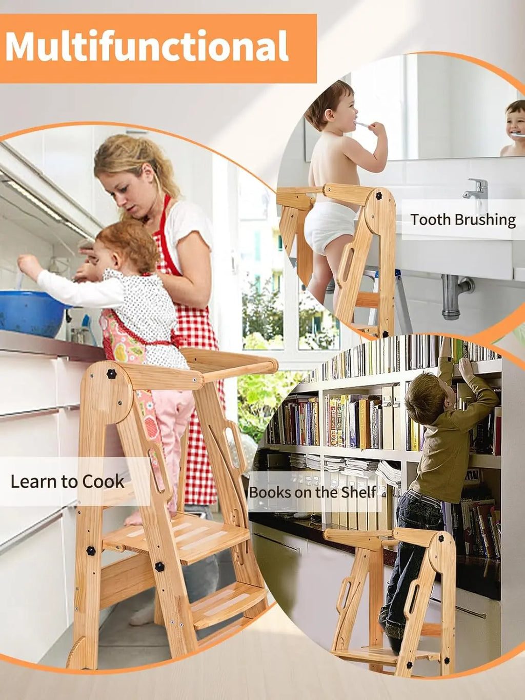 Adjustable Montessori Toddler Tower with Chalkboard - Foldable Step Stool for Ages 3-6