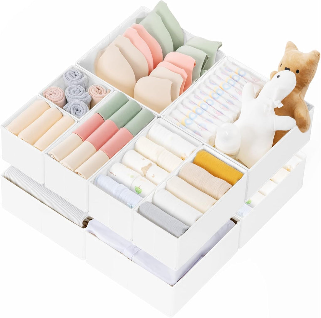 Drawer Organizer Clothes, 10 Pack Dresser Organizer for Baby Clothes, Underwear, Sock- Foldable Closet Organization and Storage Dividers Bins for Nursery, Bedroom (White)
