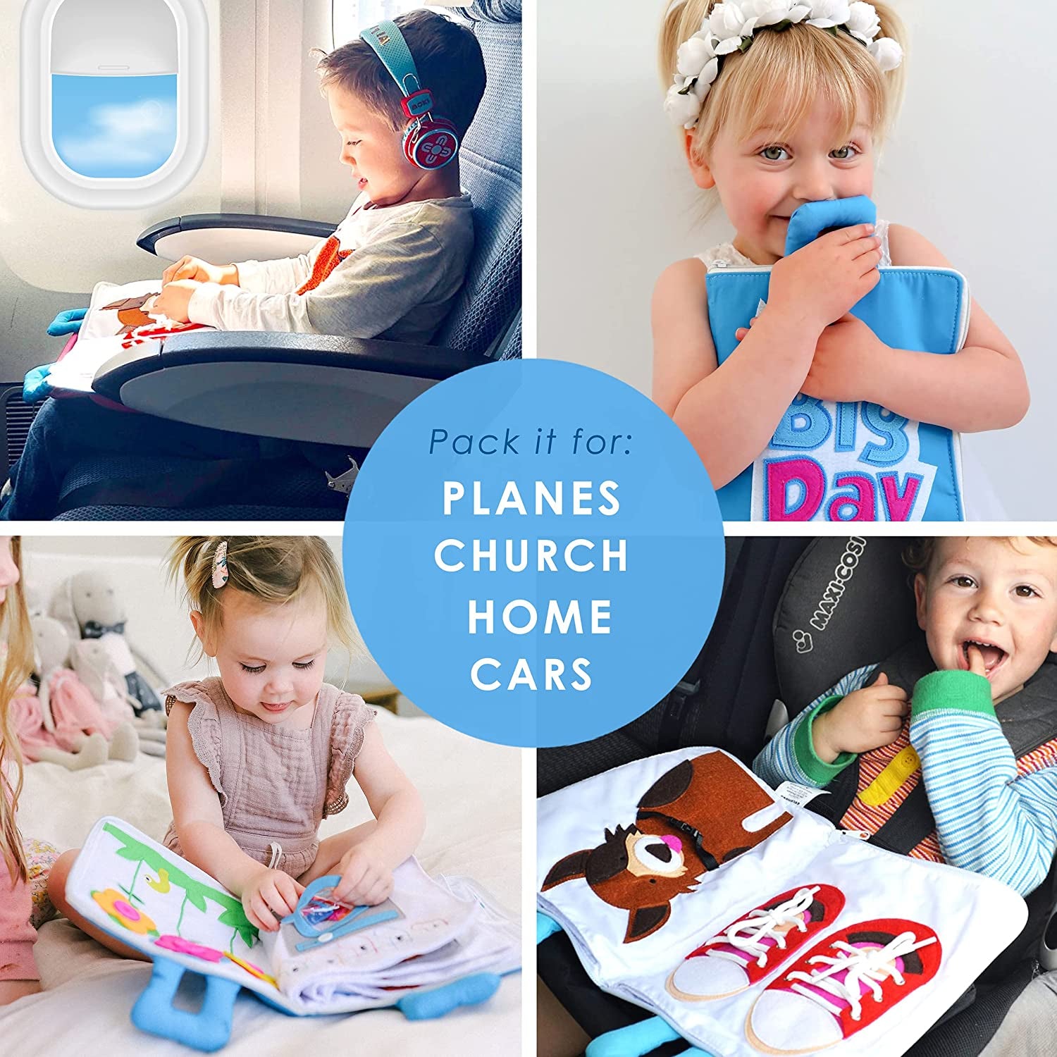 My Big Day Quiet Book, Fabric Busy Book for Travel (Blue) | 10 Interactive Pages, Color Matching, Counting, Buttons, Zippers, Buckles and Lacing, Book Zips Closed with Carry Handles