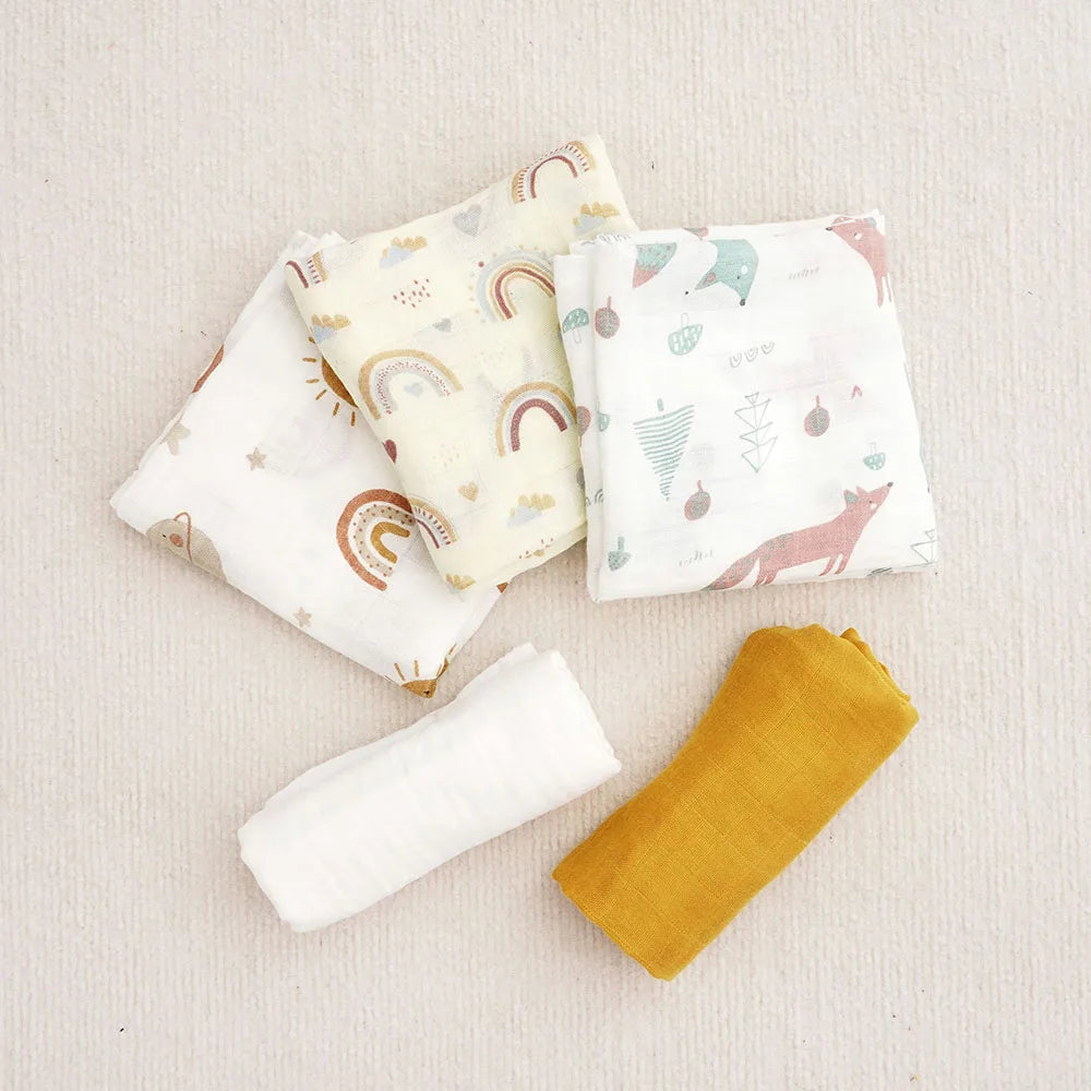 #My Soft Life# 5Pieces Set Bamboo Cotton Swaddle Blanket Baby Bandana Bib Set
