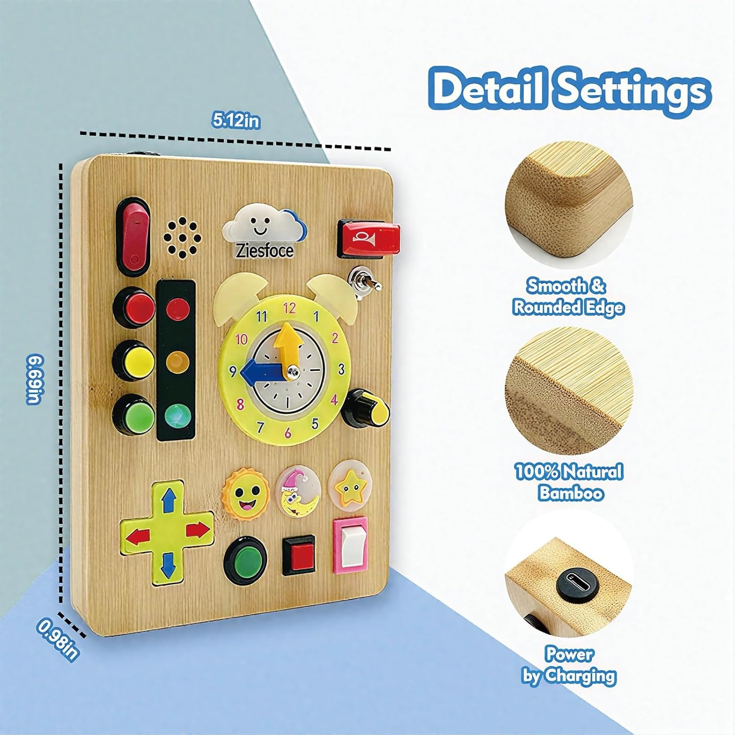 Montessori Toddler Busy Board, Wooden Rechargeable Sensory Board Educational Toy