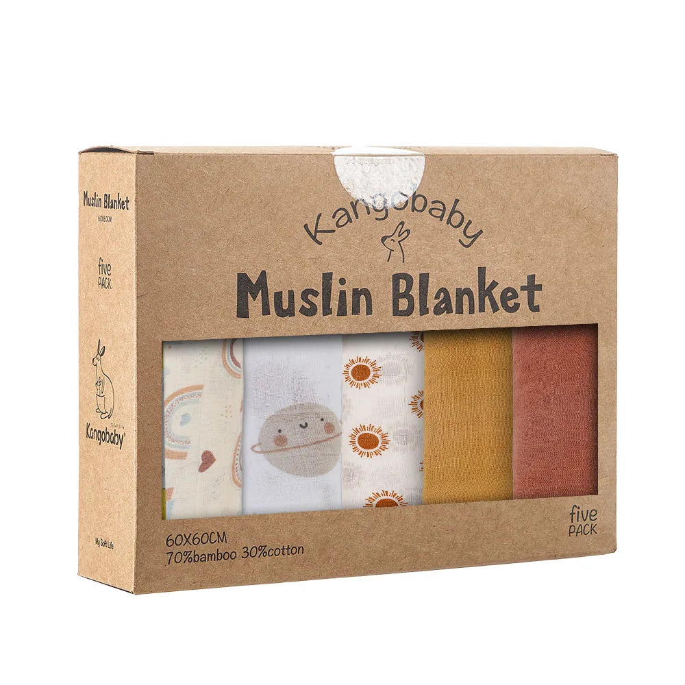 #My Soft Life# 5Pieces Set Bamboo Cotton Swaddle Blanket Baby Bandana Bib Set