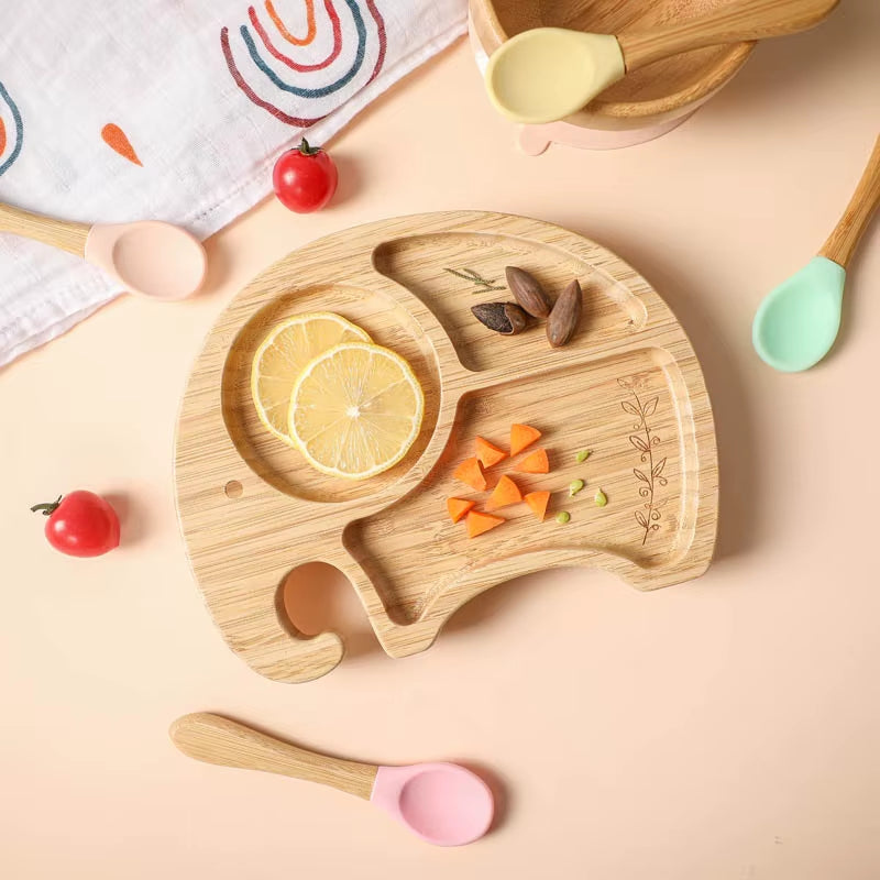 1PC Bamboo Wooden Dinnerware Baby Feeding Accessories Cartoon Animals Elephant Dinner Plate with Sucker Baby Products Gifts