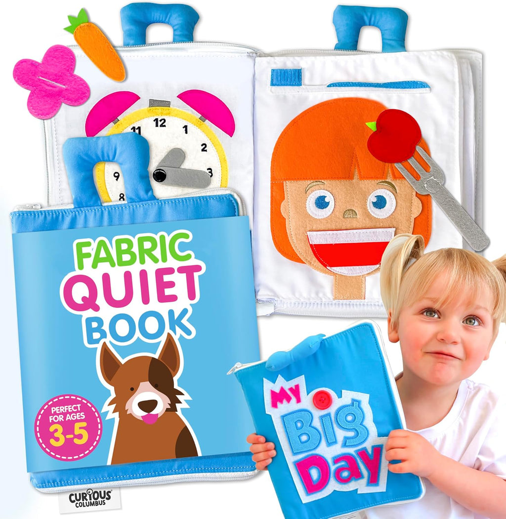 My Big Day Quiet Book, Fabric Busy Book for Travel (Blue) | 10 Interactive Pages, Color Matching, Counting, Buttons, Zippers, Buckles and Lacing, Book Zips Closed with Carry Handles