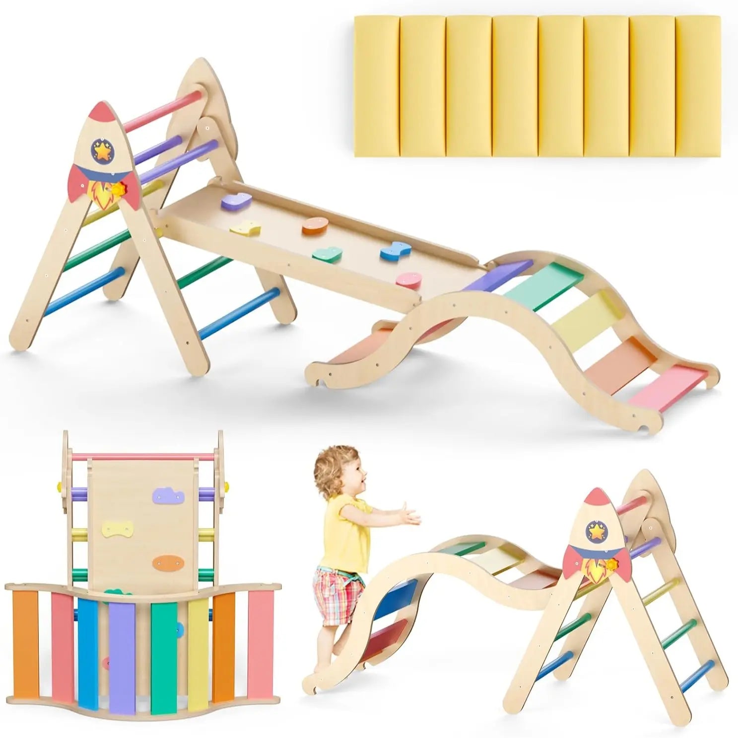 Pikler Triangle Set with Cushion - 9-in-1 Climbing Toys for Toddlers Aged 1-3, Indoor Montessori Playground with Maze, Shape Sorting Game, and Dinosaur Car