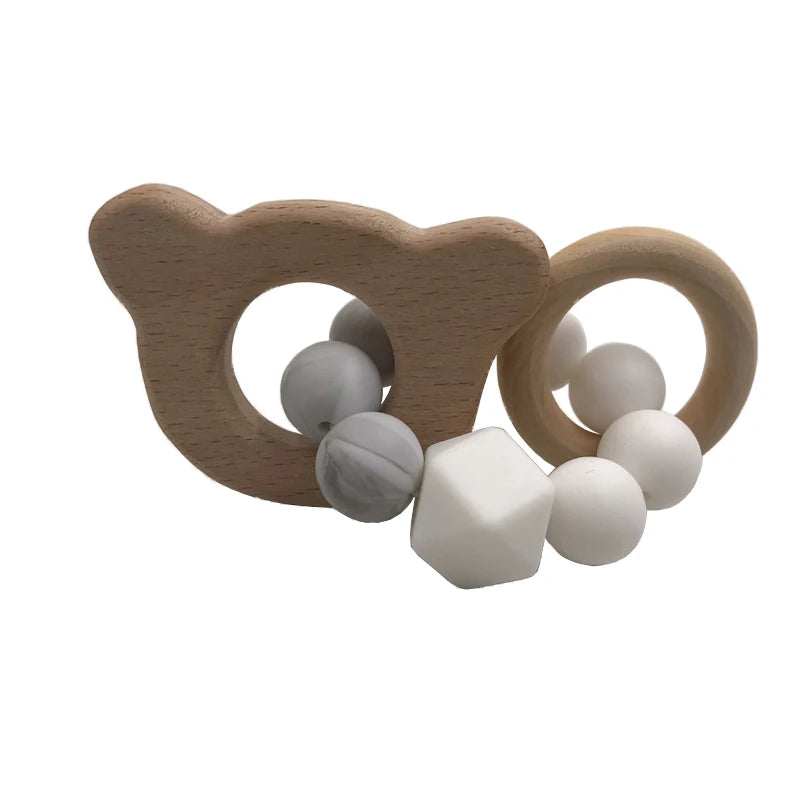 Kissteethe Wooden Baby Bracelet Animal Shaped Jewelry Teething for Organic Wood Silicone Beads Rattle Stroller Accessories Toys