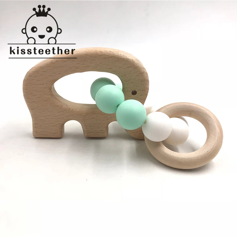 Kissteethe Wooden Baby Bracelet Animal Shaped Jewelry Teething for Organic Wood Silicone Beads Rattle Stroller Accessories Toys