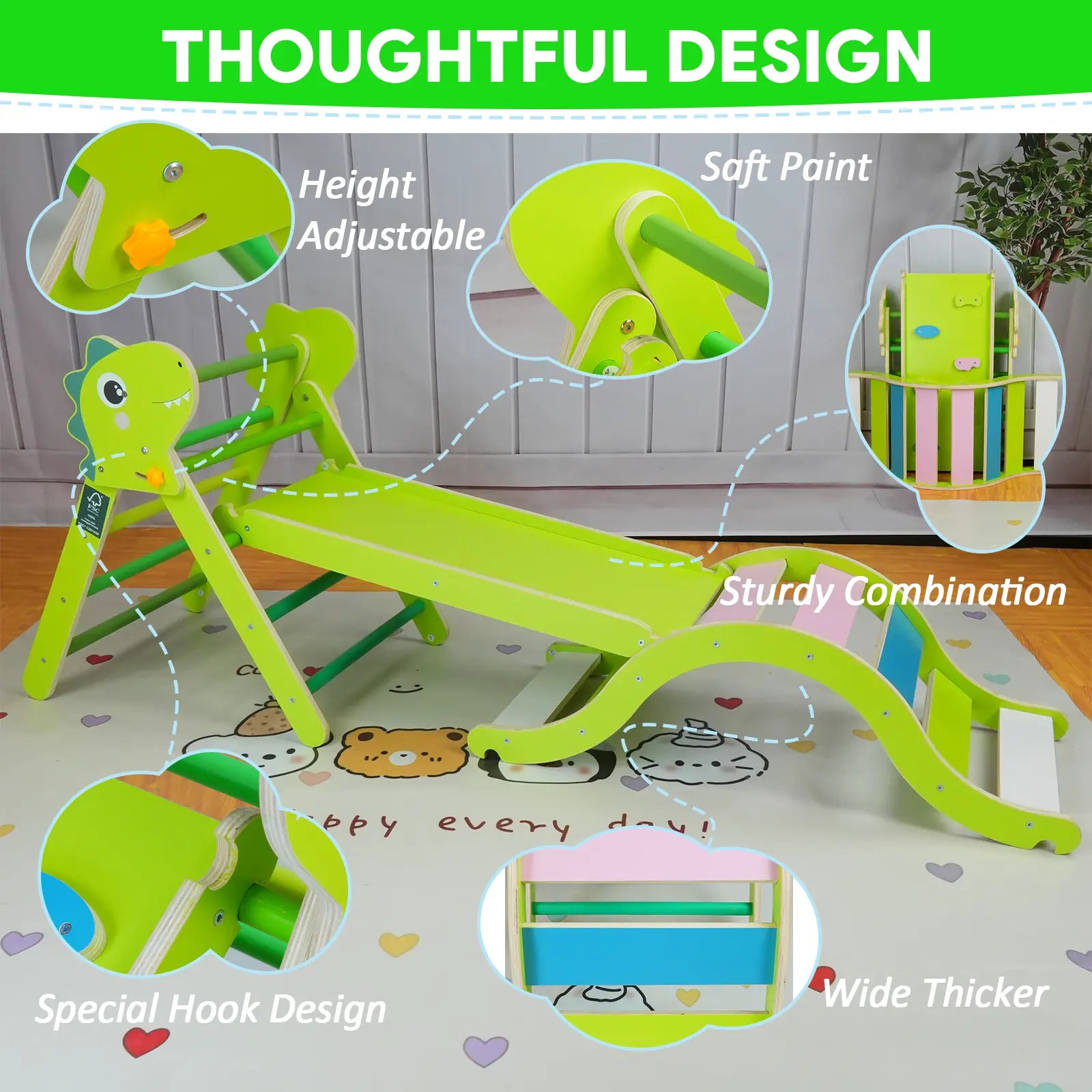 Pikler Triangle Set with Cushion - 9-in-1 Climbing Toys for Toddlers Aged 1-3, Indoor Montessori Playground with Maze, Shape Sorting Game, and Dinosaur Car