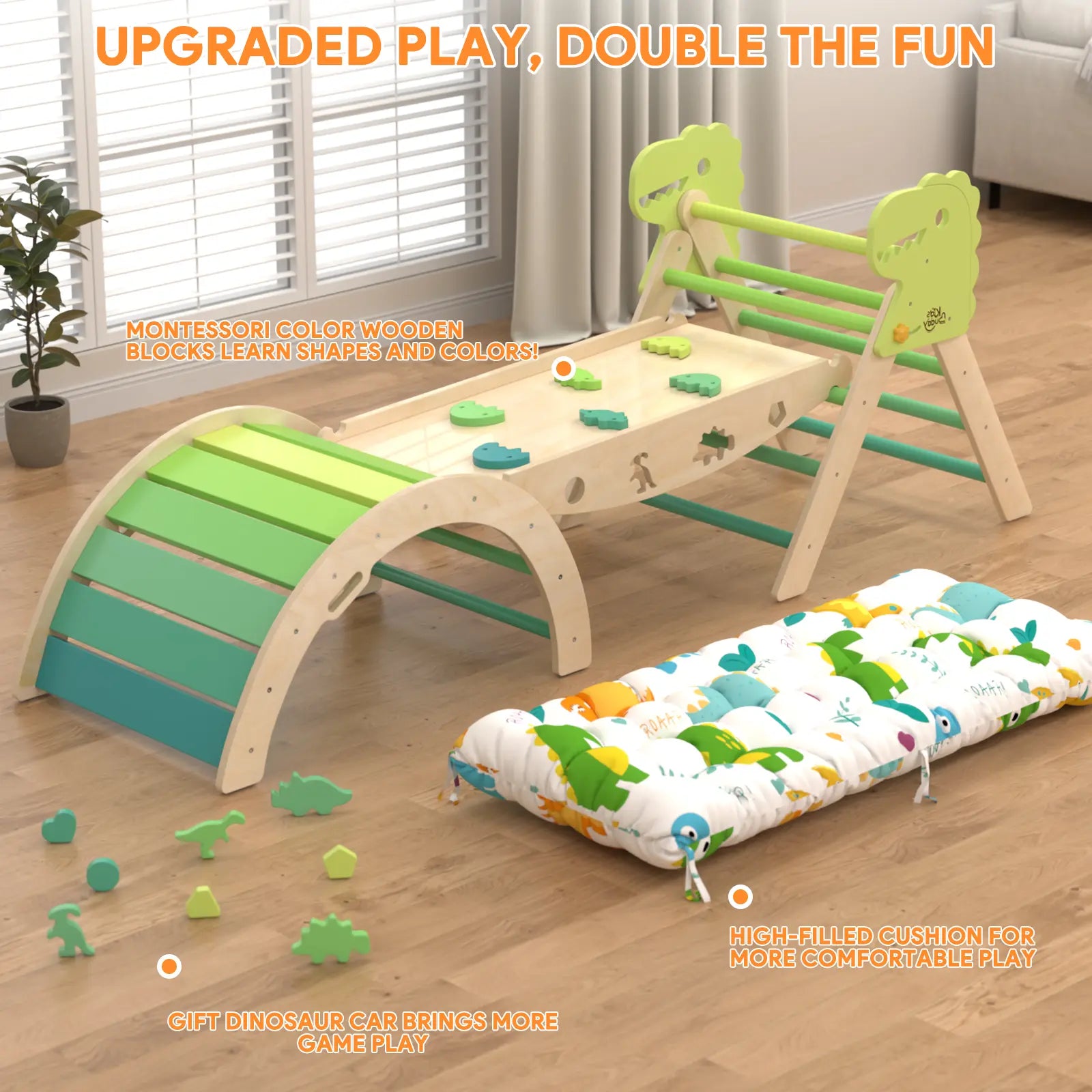 Pikler Triangle Set with Cushion - 9-in-1 Climbing Toys for Toddlers Aged 1-3, Indoor Montessori Playground with Maze, Shape Sorting Game, and Dinosaur Car