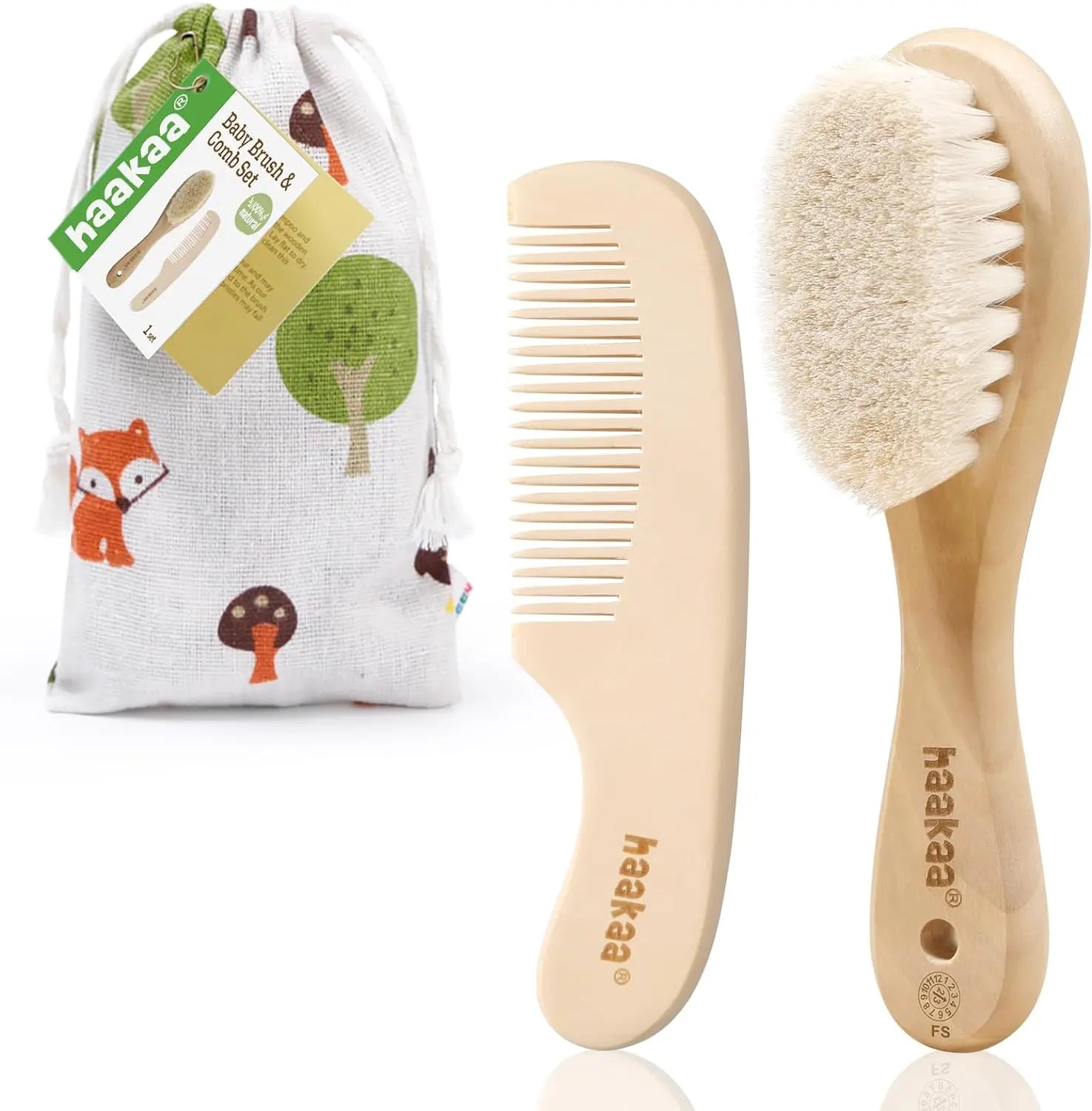 Haakaa Baby Hair Brush and Comb Set for Newborns and Toddlers - 2-Pack with Natural Soft Goat Bristles and Wooden Handle, Gentle Grooming for Cradle Cap, Ideal Gift for Babies