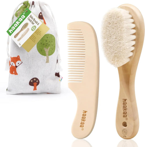 Haakaa Baby Hair Brush and Comb Set for Newborns and Toddlers - 2-Pack with Natural Soft Goat Bristles and Wooden Handle, Gentle Grooming for Cradle Cap, Ideal Gift for Babies