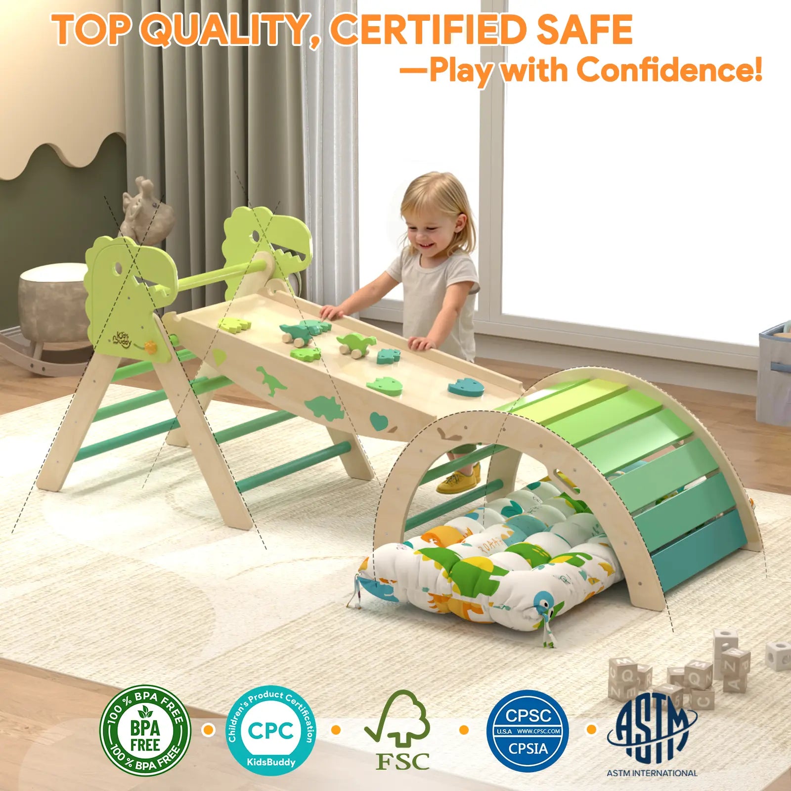 Pikler Triangle Set with Cushion - 9-in-1 Climbing Toys for Toddlers Aged 1-3, Indoor Montessori Playground with Maze, Shape Sorting Game, and Dinosaur Car
