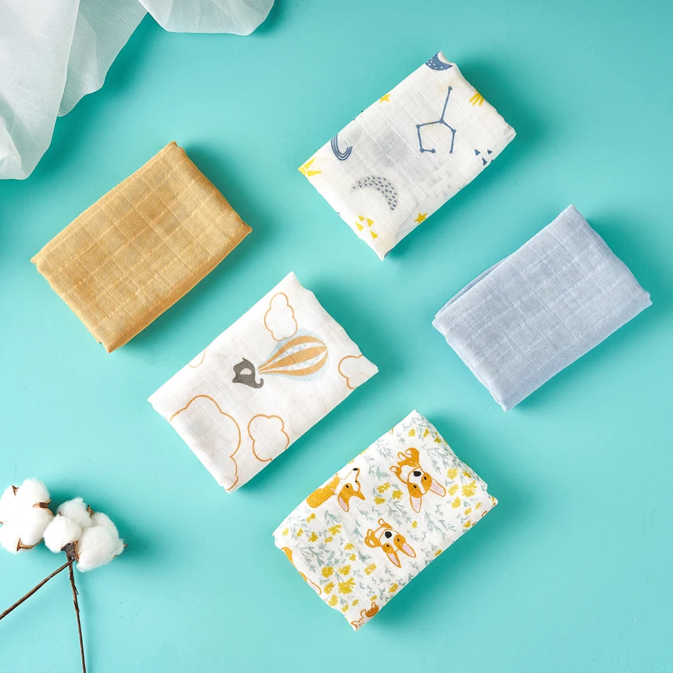 #My Soft Life# 5Pieces Set Bamboo Cotton Swaddle Blanket Baby Bandana Bib Set