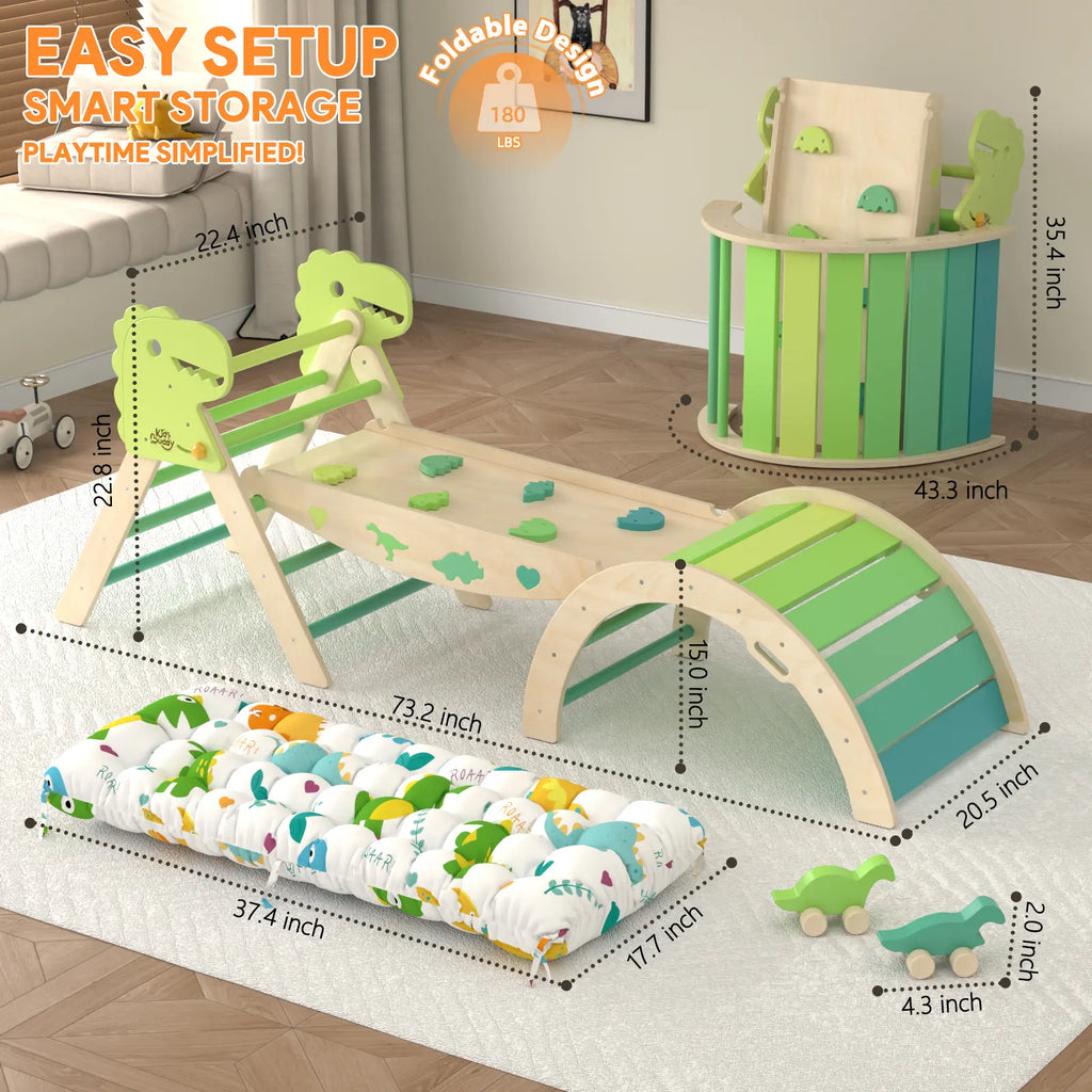 Pikler Triangle Set with Cushion - 9-in-1 Climbing Toys for Toddlers Aged 1-3, Indoor Montessori Playground with Maze, Shape Sorting Game, and Dinosaur Car
