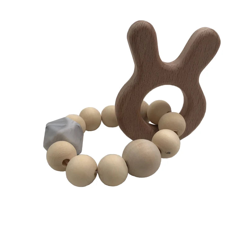 Kissteethe Wooden Baby Bracelet Animal Shaped Jewelry Teething for Organic Wood Silicone Beads Rattle Stroller Accessories Toys