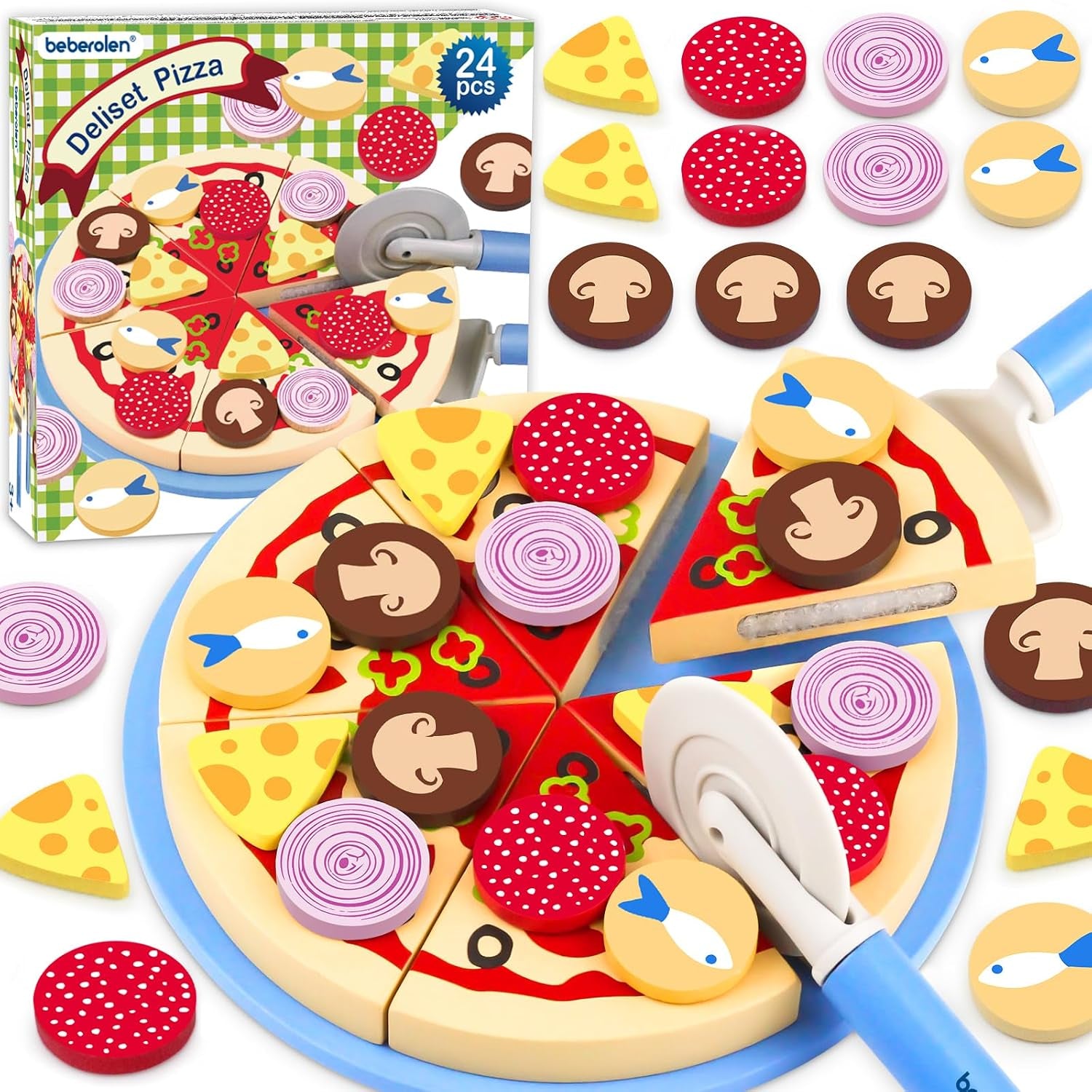 Wooden Pizza Toy Cutting Play Food Set Pretend Play | Kitchen Accessories Wood Cooking Toys for 3 4 5 Year Old Boys Girls