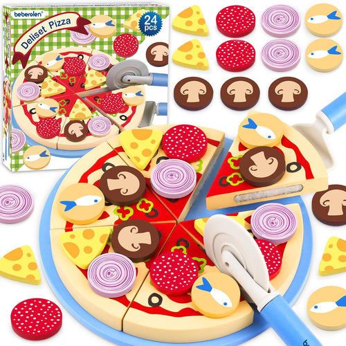 Wooden Pizza Toy Cutting Play Food Set Pretend Play | Kitchen Accessories Wood Cooking Toys for 3 4 5 Year Old Boys Girls