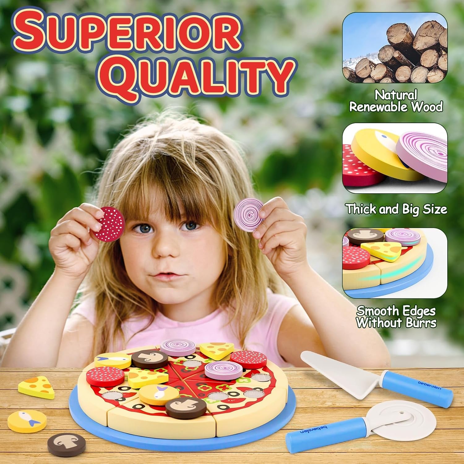 Wooden Pizza Toy Cutting Play Food Set Pretend Play | Kitchen Accessories Wood Cooking Toys for 3 4 5 Year Old Boys Girls