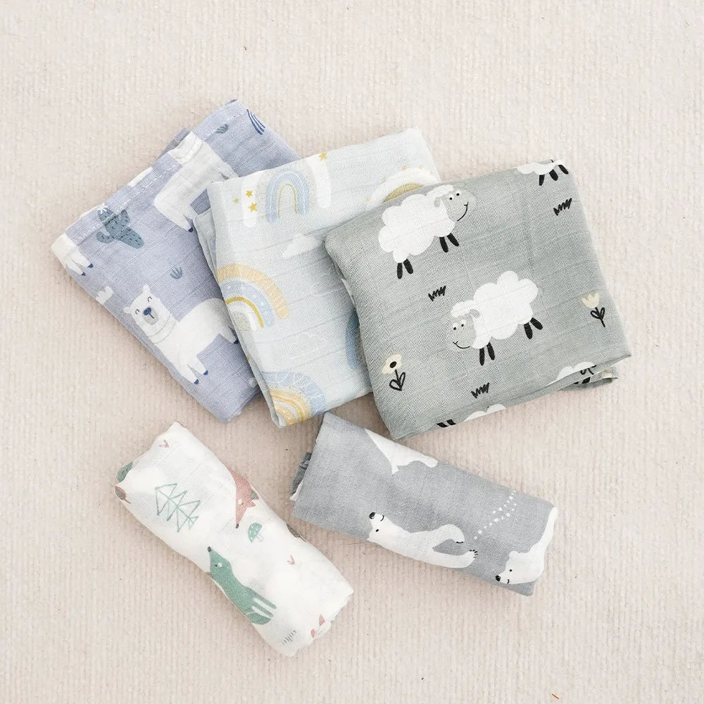 #My Soft Life# 5Pieces Set Bamboo Cotton Swaddle Blanket Baby Bandana Bib Set