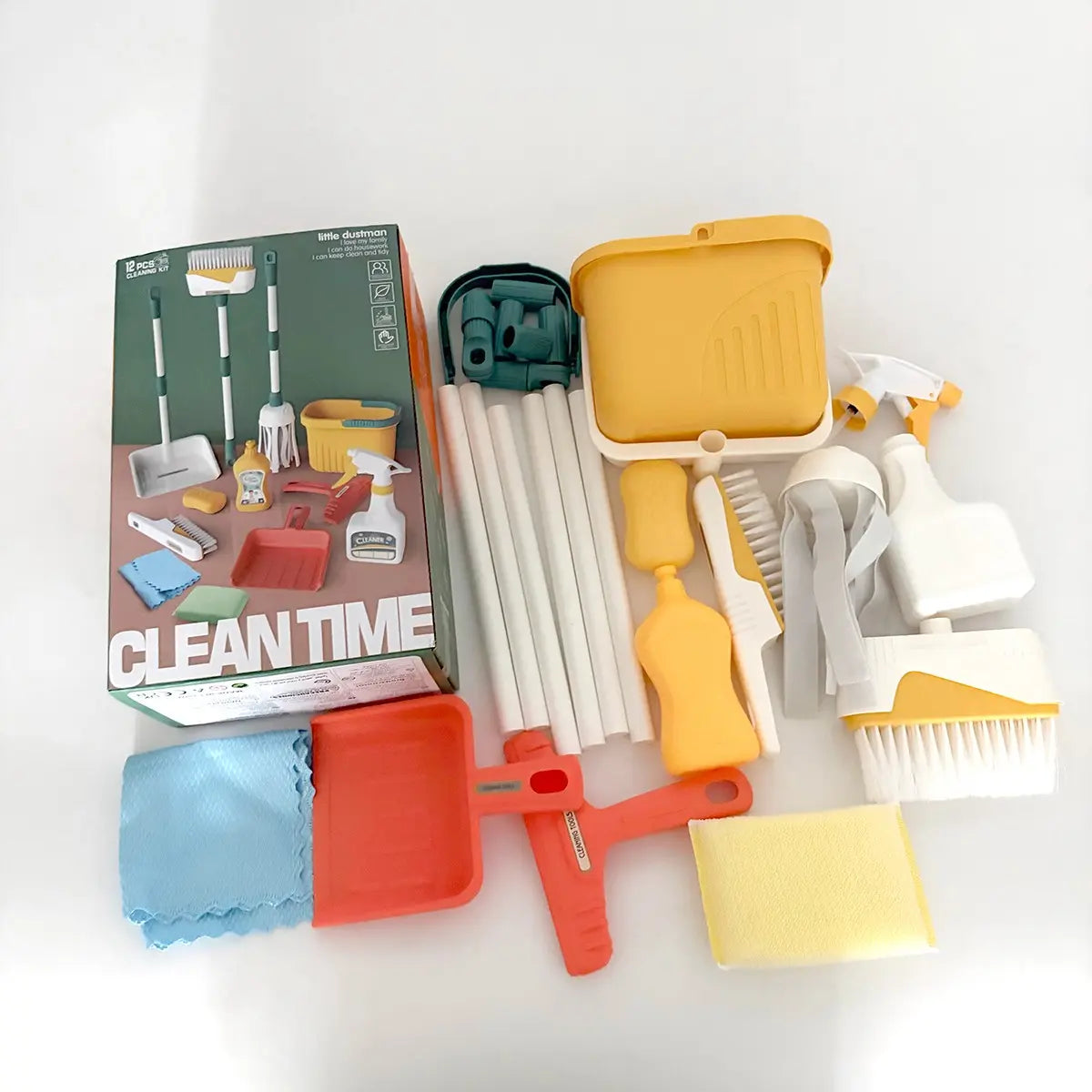 Children's Pretend Play Cleaning Tool Set - 12-Piece Simulation Cleaning Kit for Montessori Learning and Birthday Gifts