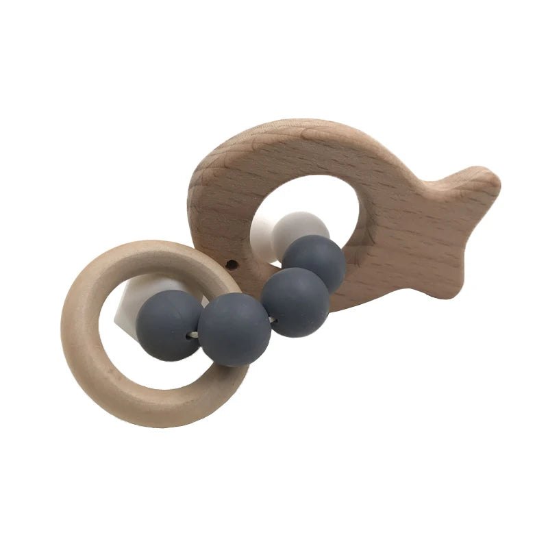 Kissteethe Wooden Baby Bracelet Animal Shaped Jewelry Teething for Organic Wood Silicone Beads Rattle Stroller Accessories Toys