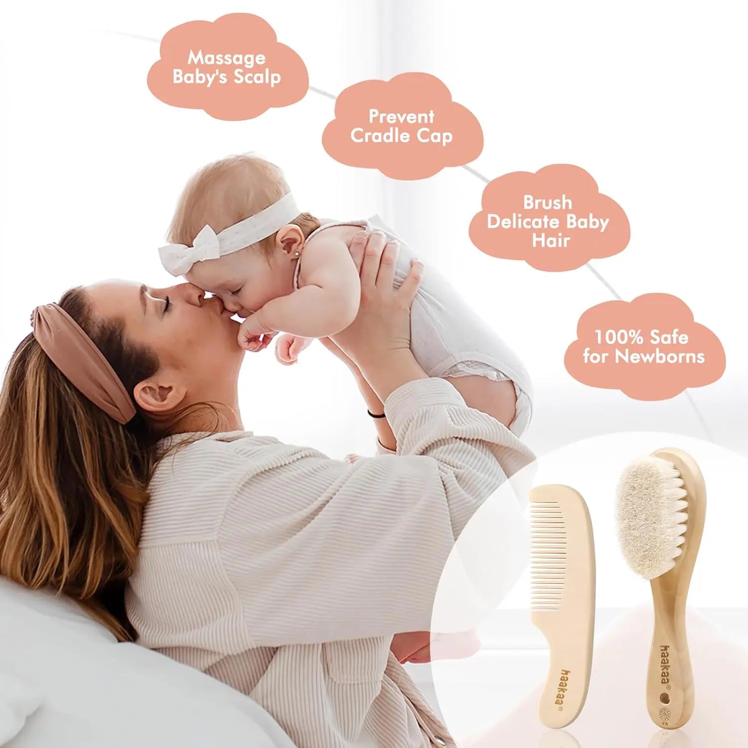 Haakaa Baby Hair Brush and Comb Set for Newborns and Toddlers - 2-Pack with Natural Soft Goat Bristles and Wooden Handle, Gentle Grooming for Cradle Cap, Ideal Gift for Babies