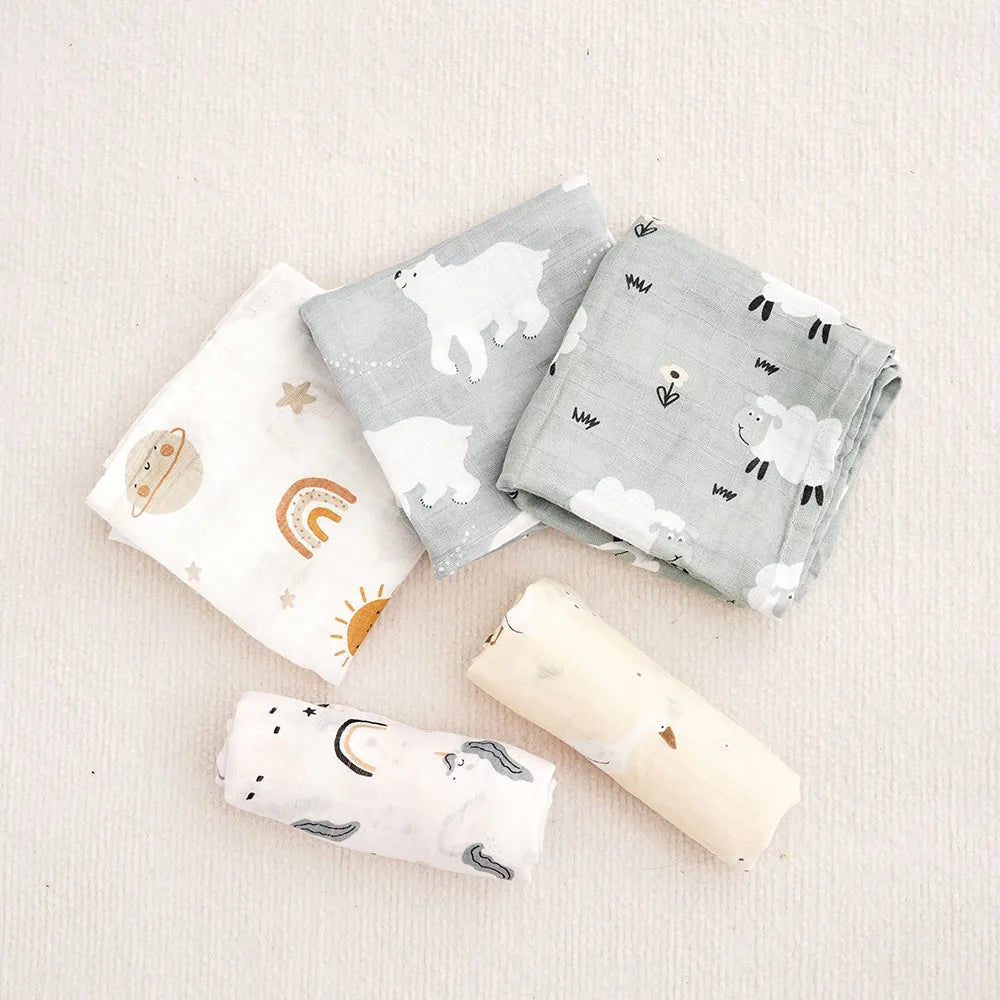#My Soft Life# 5Pieces Set Bamboo Cotton Swaddle Blanket Baby Bandana Bib Set