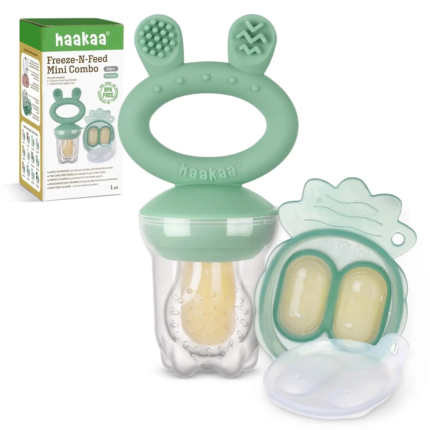 Haakaa Baby Fruit Food Feeder & Mini Freezer Nibble Tray Combo, 4 Month+ (Pea Green)