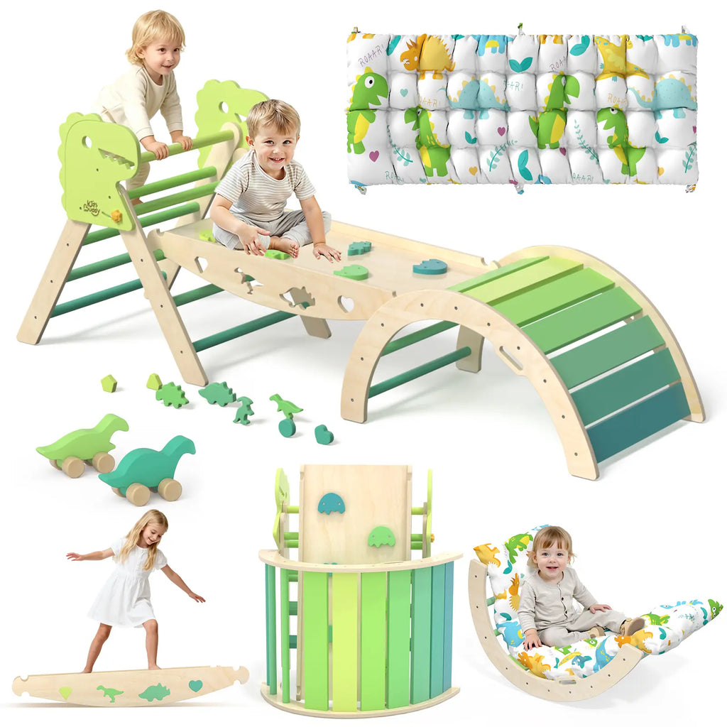 Pikler Triangle Set with Cushion - 9-in-1 Climbing Toys for Toddlers Aged 1-3, Indoor Montessori Playground with Maze, Shape Sorting Game, and Dinosaur Car