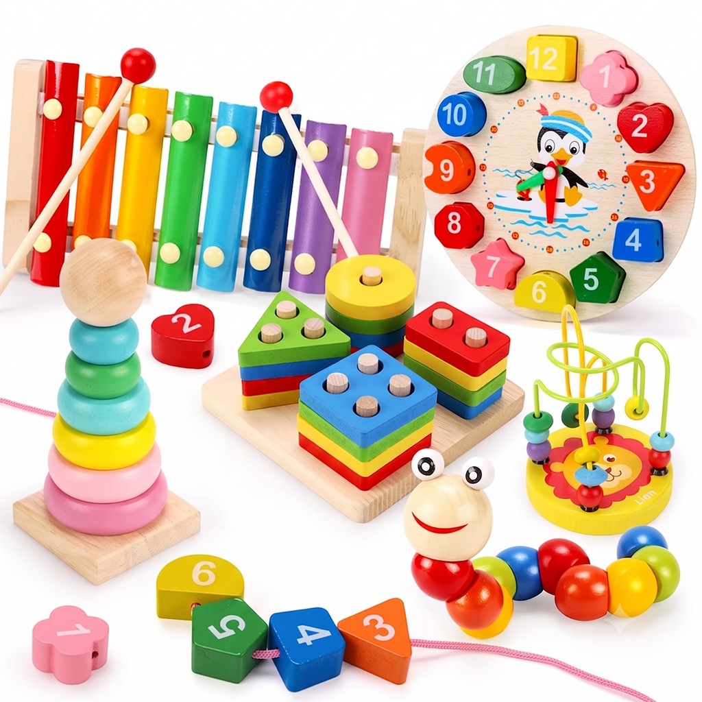 צרור צעצועי עץ מונטסוריים – 5 צעצועי למידה