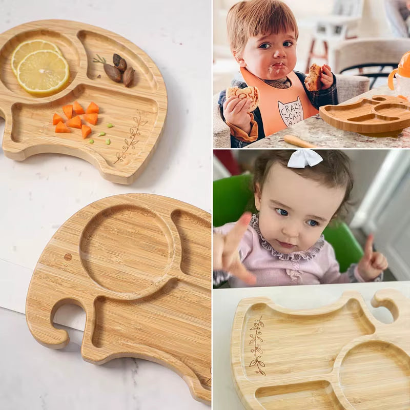 1PC Bamboo Wooden Dinnerware Baby Feeding Accessories Cartoon Animals Elephant Dinner Plate with Sucker Baby Products Gifts