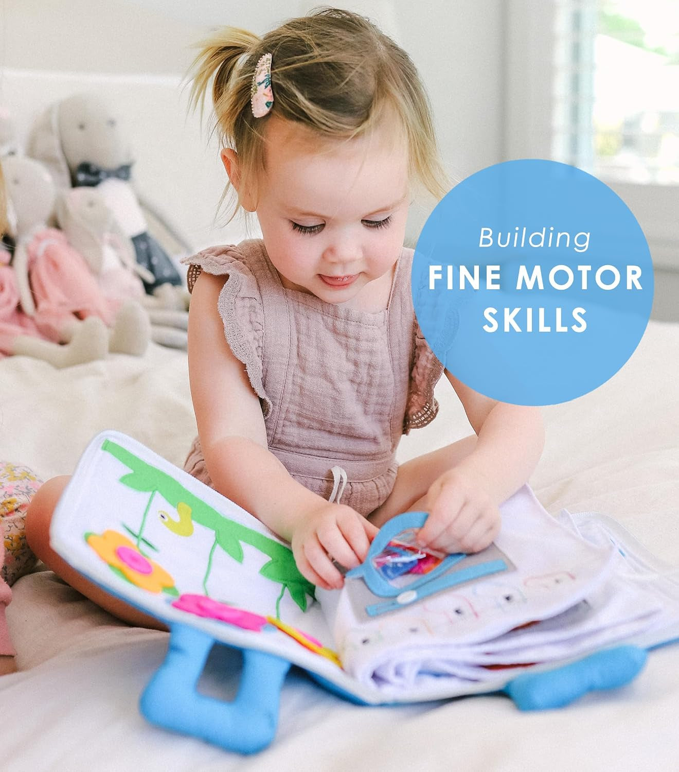 My Big Day Quiet Book, Fabric Busy Book for Travel (Blue) | 10 Interactive Pages, Color Matching, Counting, Buttons, Zippers, Buckles and Lacing, Book Zips Closed with Carry Handles